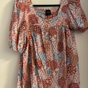 W5 Anthropologie Orange Blue Short Sleeve Smocked Blouse L